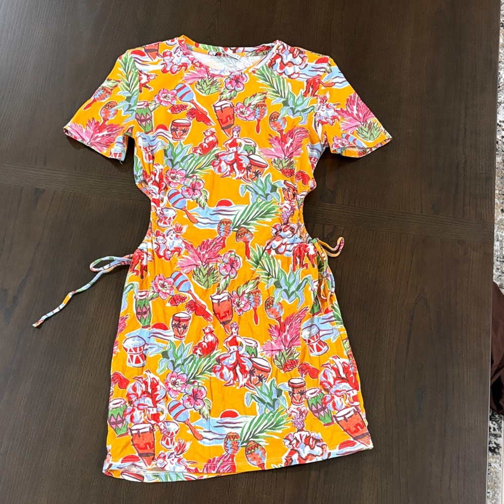 ZARA Vibrant Floral Scoop Neck Top in Yellow, Pink & Green